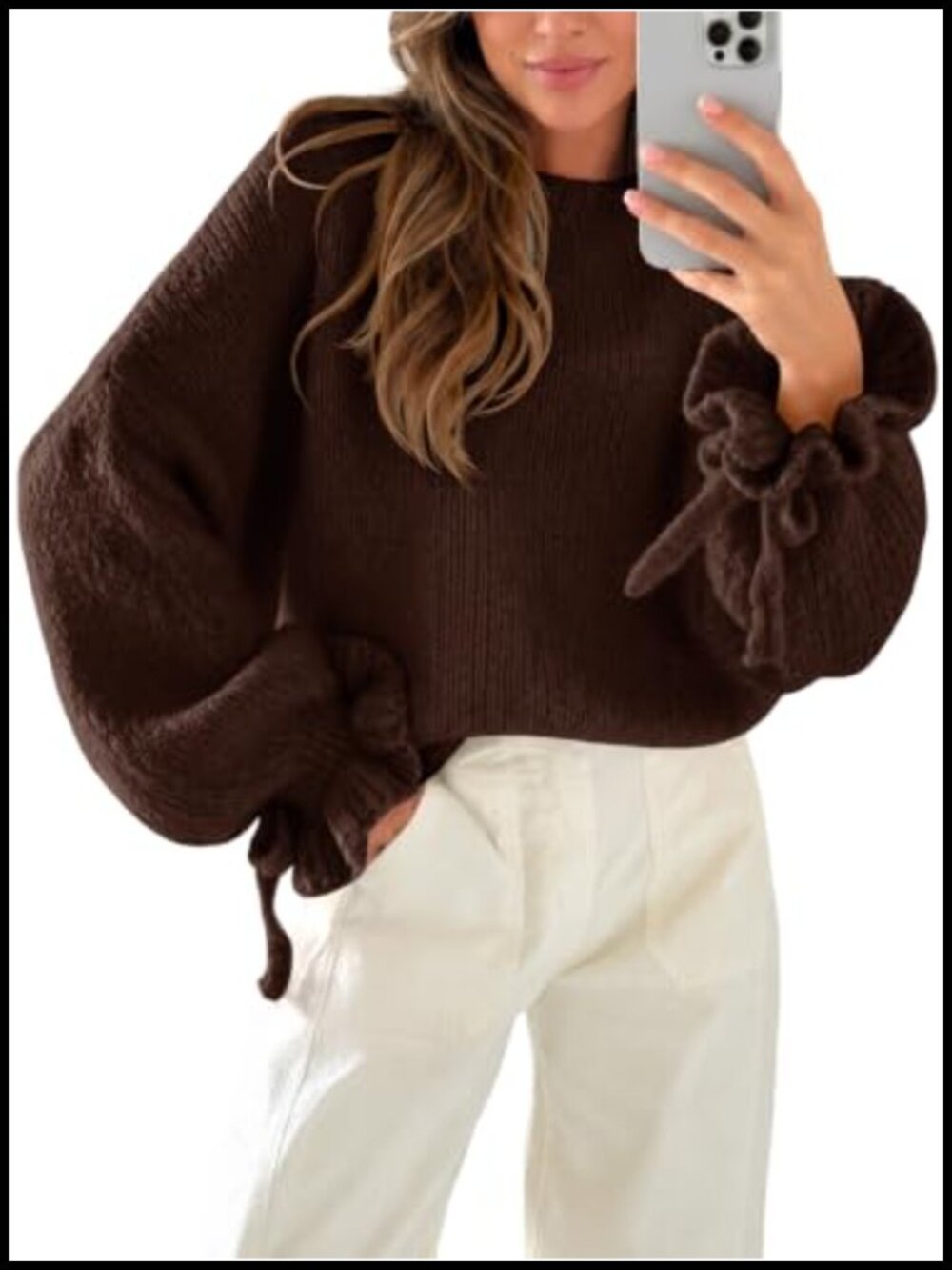 Oversized Chunky Knit Pullover Sweater with Ruffle Sleeves